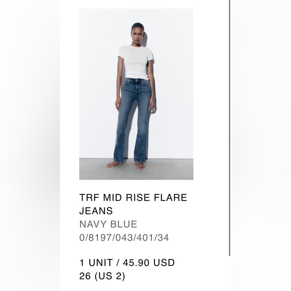 ZARA TRF MID RISE FLARE JEANS, size 26 (US 2), navy blue, never worn